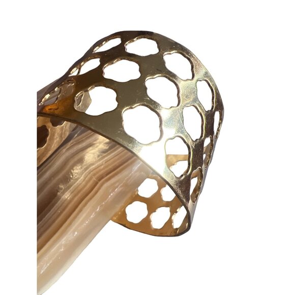 Gold Tone Bracelet Cut Out Bangle Statement Open - Picture 9 of 15
